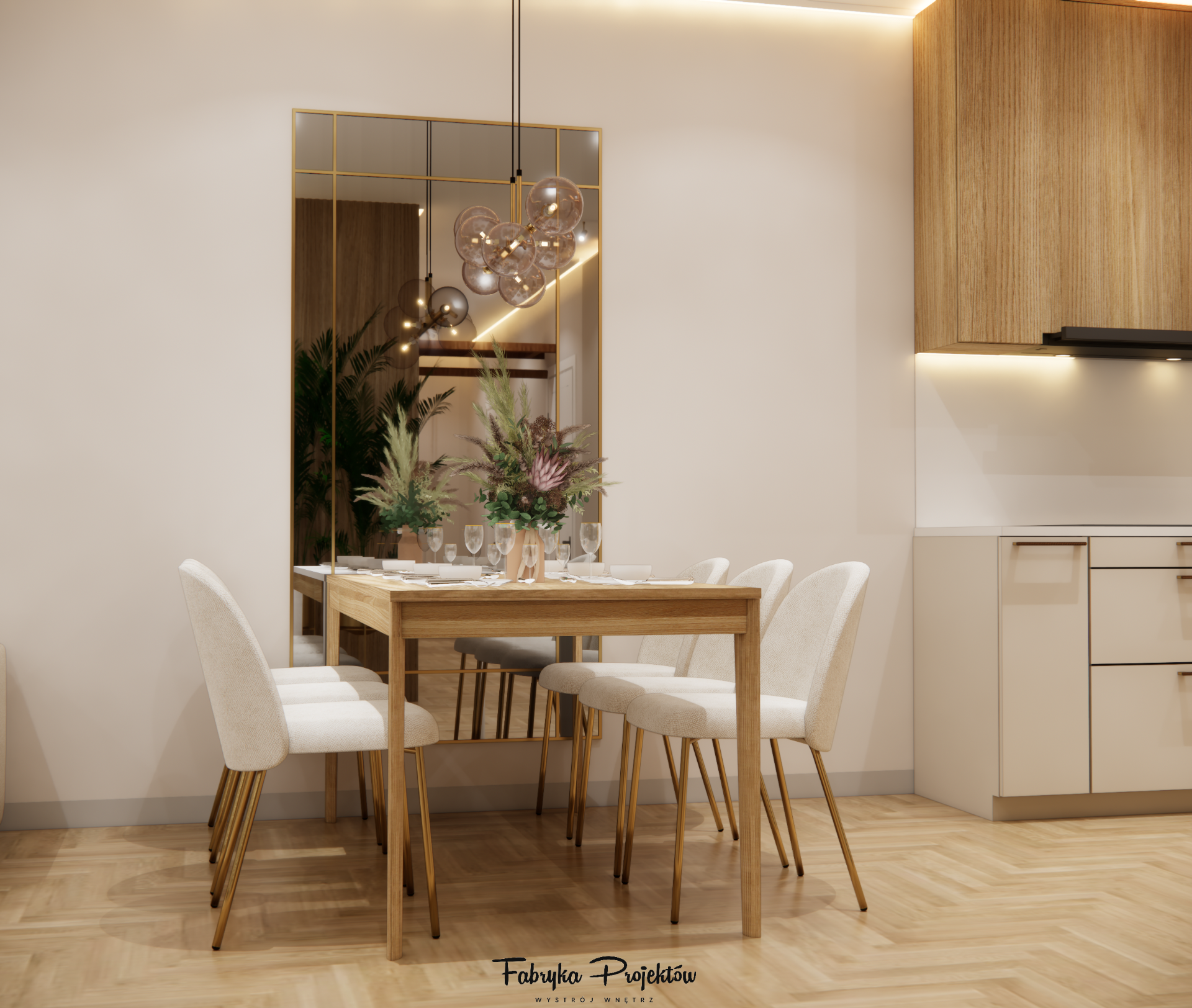 Strefa jadalni z lustrem w złotej ramie, drewnianym stołem i jasnymi krzesłami.